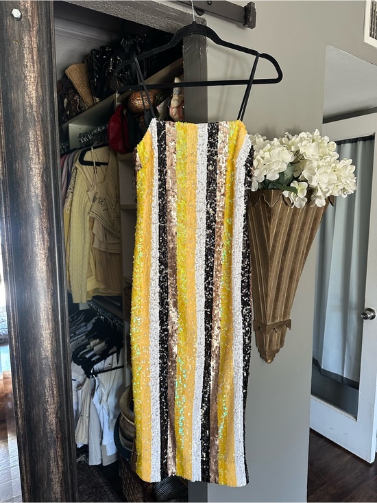 STAUD Dresses & Skirts - STAUD Yellow, Black, White & Brown Striped Sequin Midi Dress